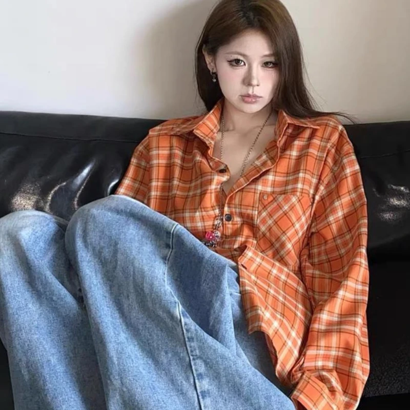 Винтажные клетчатые рубашки женские мешковатые оранжевые топы с длинными