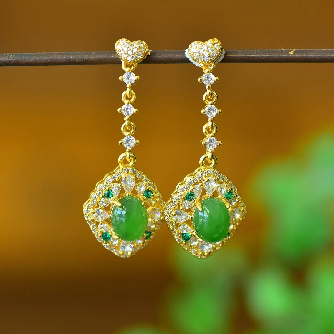 

Natural Green Jade Dangle Earrings Inlaid Emerald Zircon Hetian Jades Nephrite Luxury Drop Earring Women Fine Jewelry Accessorie