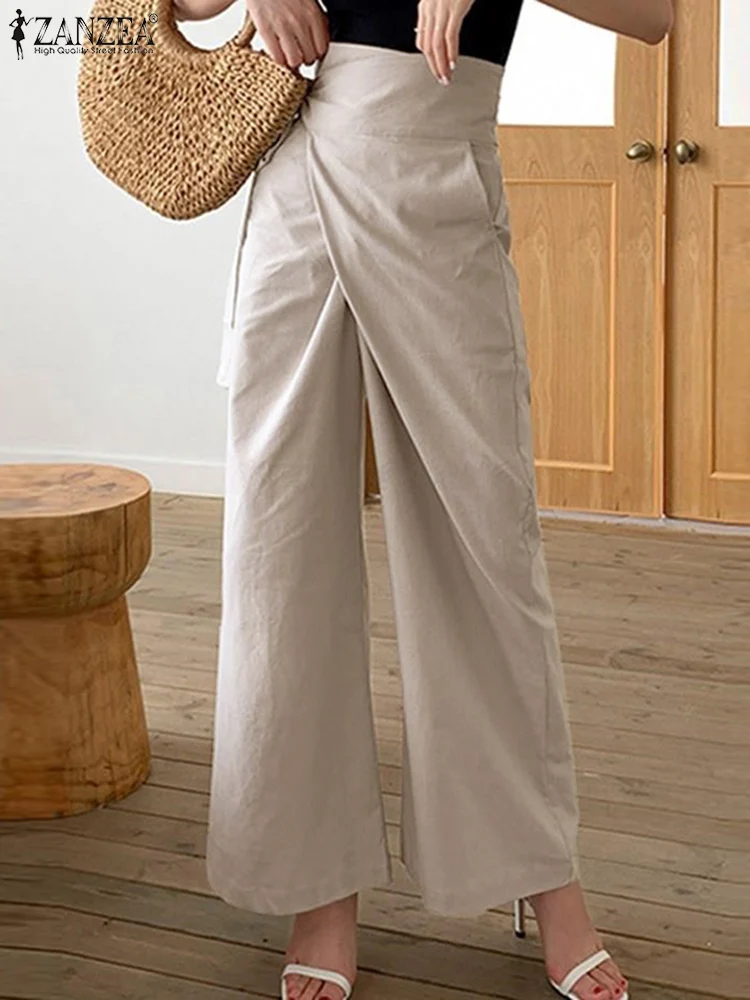 

ZANZEA Stylish Women Wide Leg Trousers Summer High Waist Lace Up Long Pants Elegant OL Work Pantalon Solid Casual Palazzo 2022