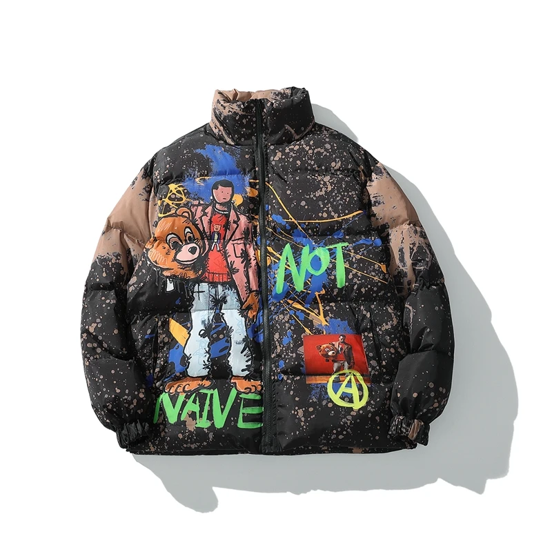 

Hip Hop Winter Jacket Men Parka Cartoon Graffiti Streetwear Windbreaker Harajuku Cotton Padded Coat Warm Outwear Men Clothing