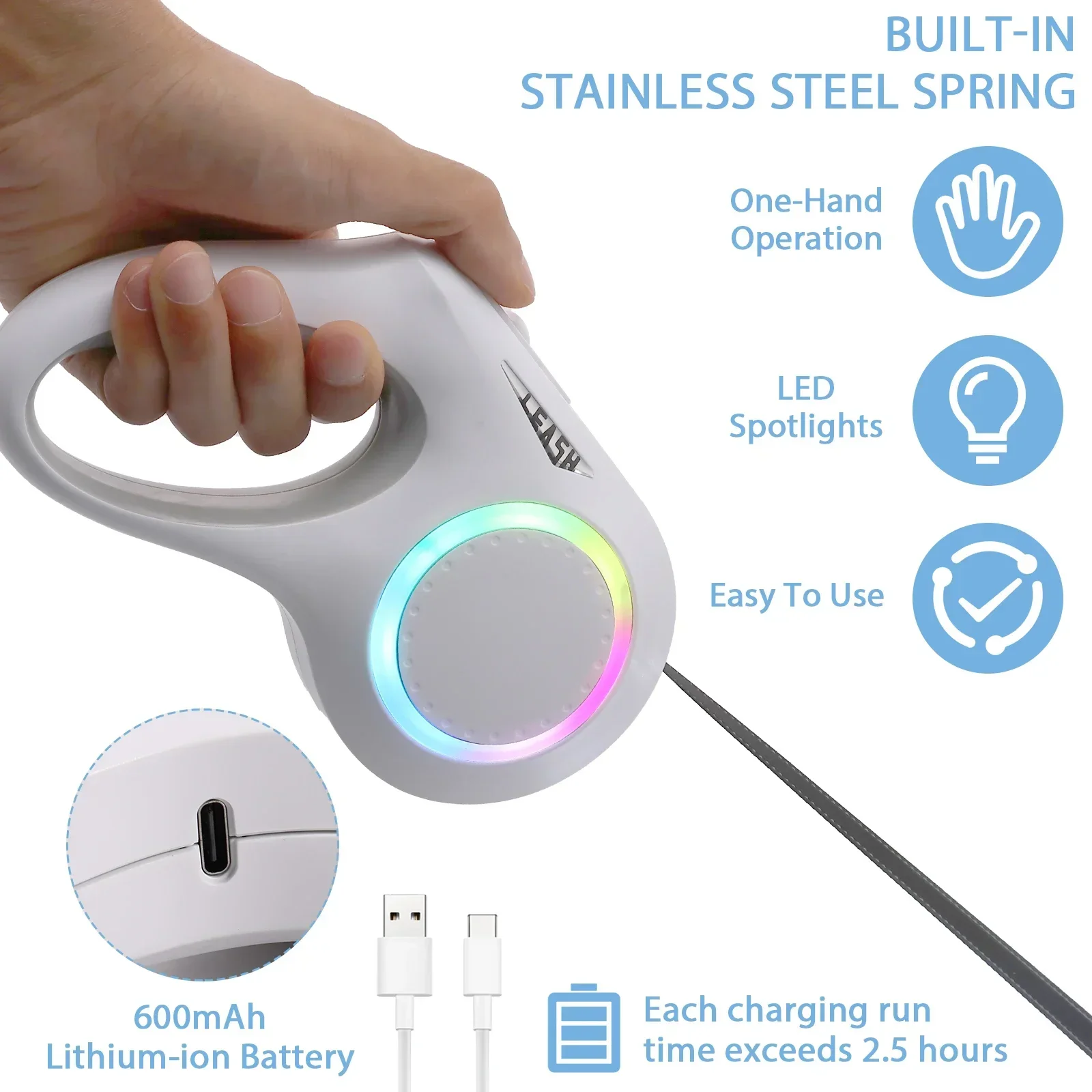 Выдвижной поводок для собак со светодиодной подсветкой 16 футов нейлоновый