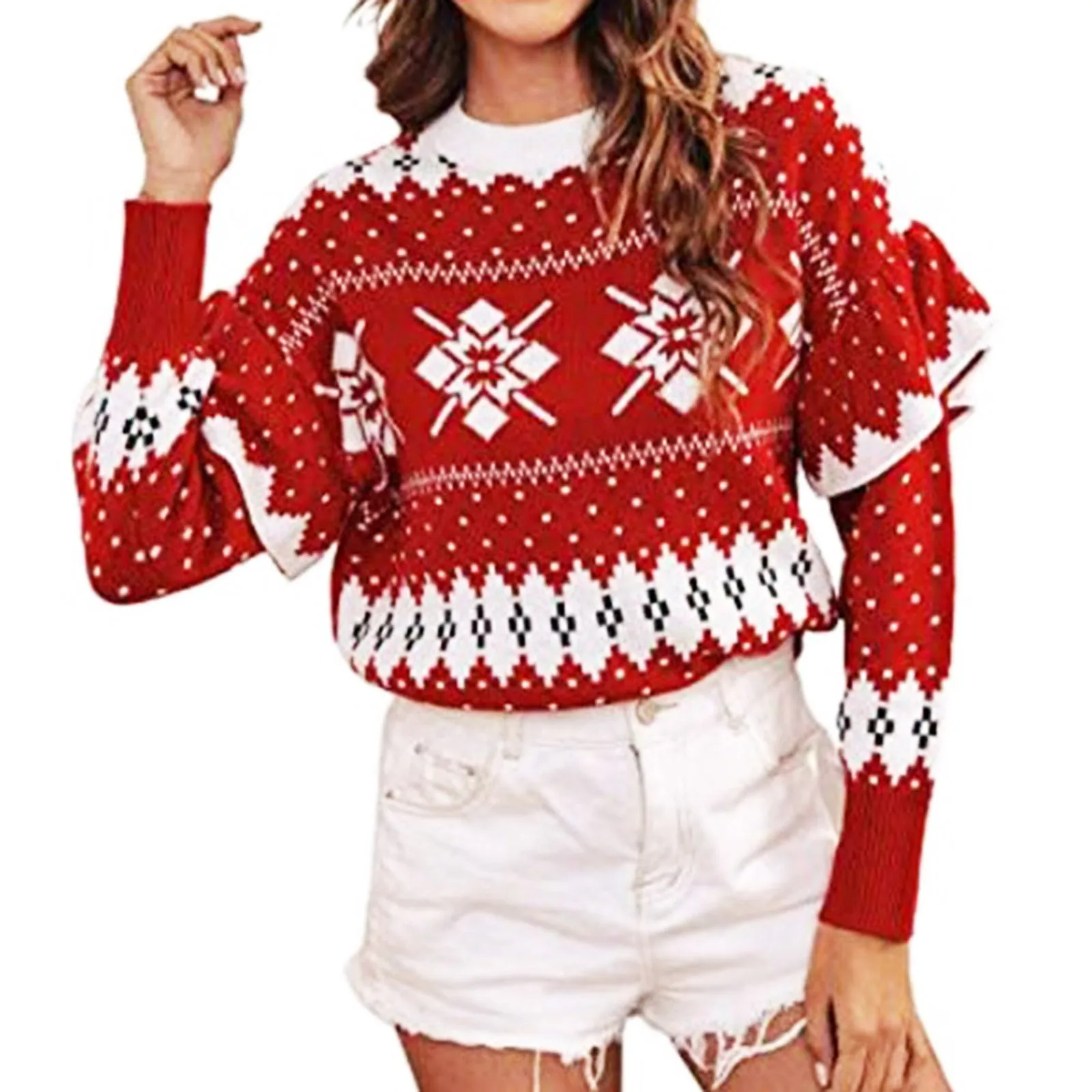 

Women's Fashion Top Sweater Print Long-sleeved Sweatshirt O Neck Warm Sweater Casual Winter Blouse Sweater Sweater Pack Women