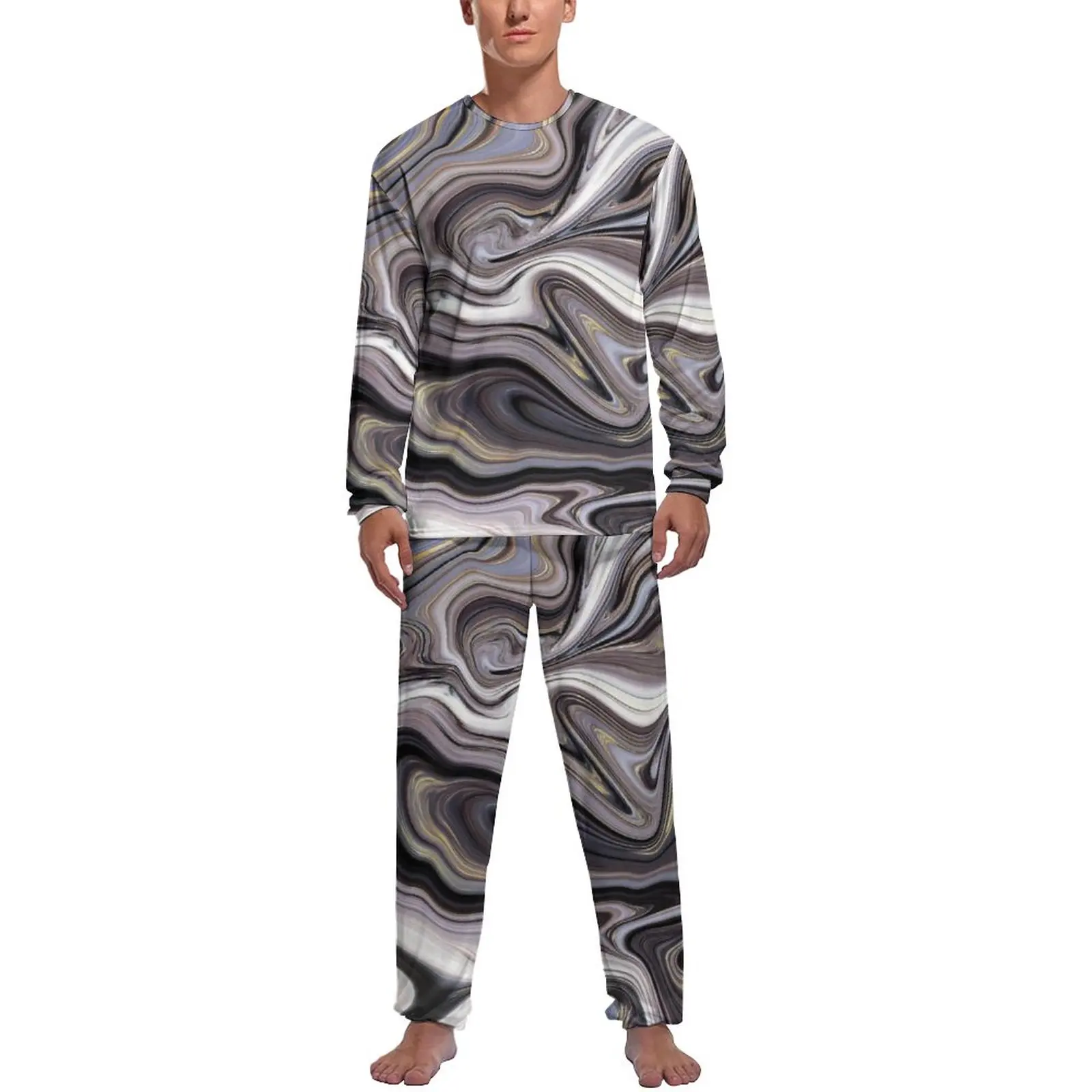 

Мраморная жидкая Пижама, осенний комплект из 2 предметов, модные серо-белые пижамные комплекты, Мужская Эстетическая пижама с длинным рукавом и графическим принтом