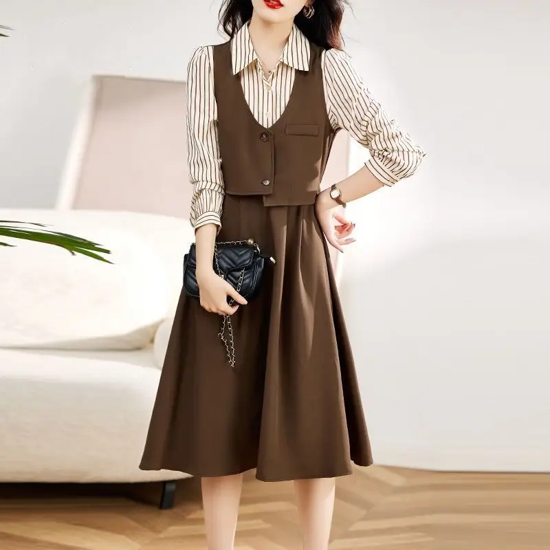 

2022 Women Shirt Dress Elegant Fake Two Pieces High Waist Casual Office Lady Midi Dress Korean Spliced Ladies Vestidos T507
