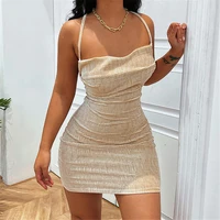 summer women sexy backless mini dress casual spaghetti strap sleeveless slim fit pleated tie up bodycon solid color vestidos