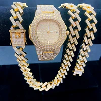3pcs iced out watches for men gold watch cuban link chains bracelet necklaces diamond hip hop jewelry set for mens watch luxury