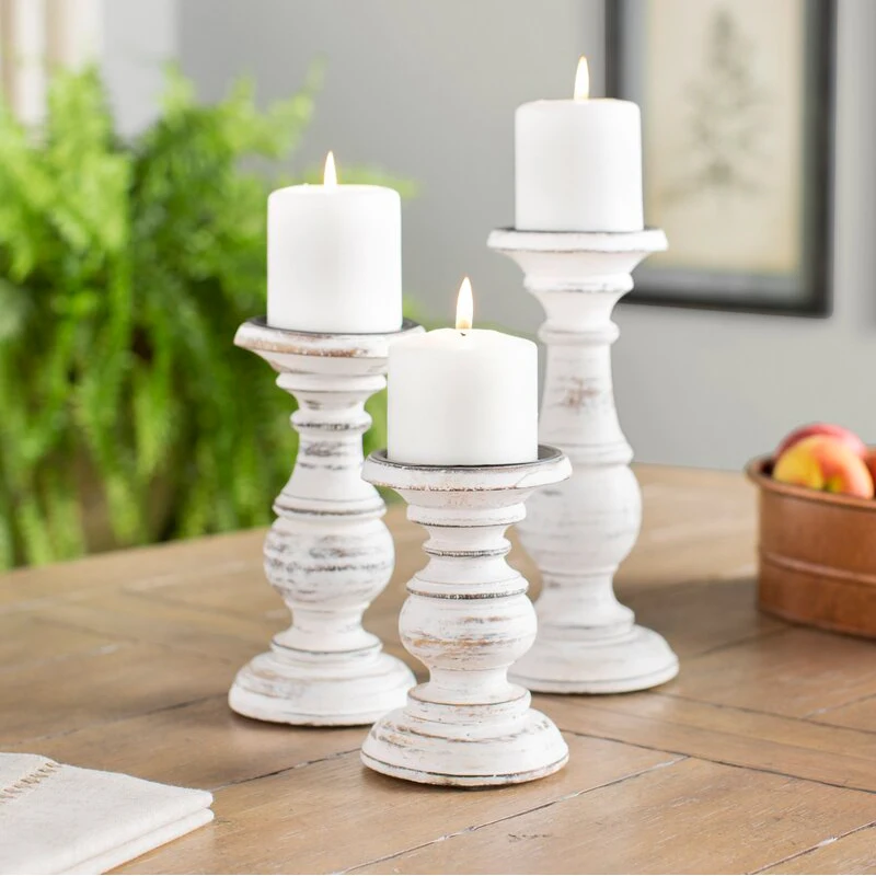 3 Piece Set Wood Candlestick Tabletop Retro White Candle Holder Home Decoration Wooden Candles Rack Nostalgic Photography Props