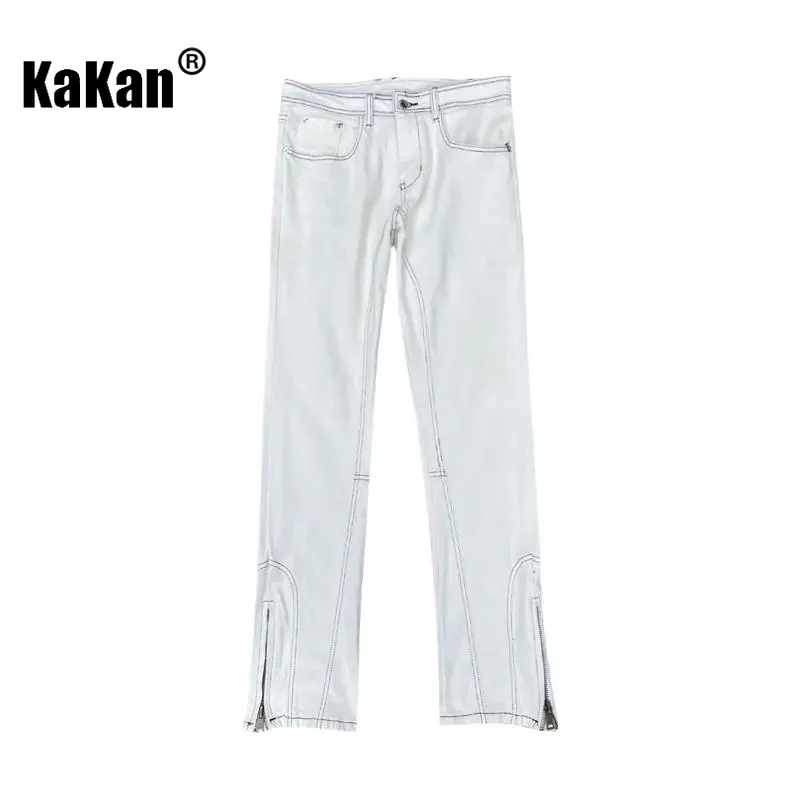 Kakan - New High Street Split Jeans Men's Wear, Black White Straight Leg Pants, Functional Zipper Long Jeans K33