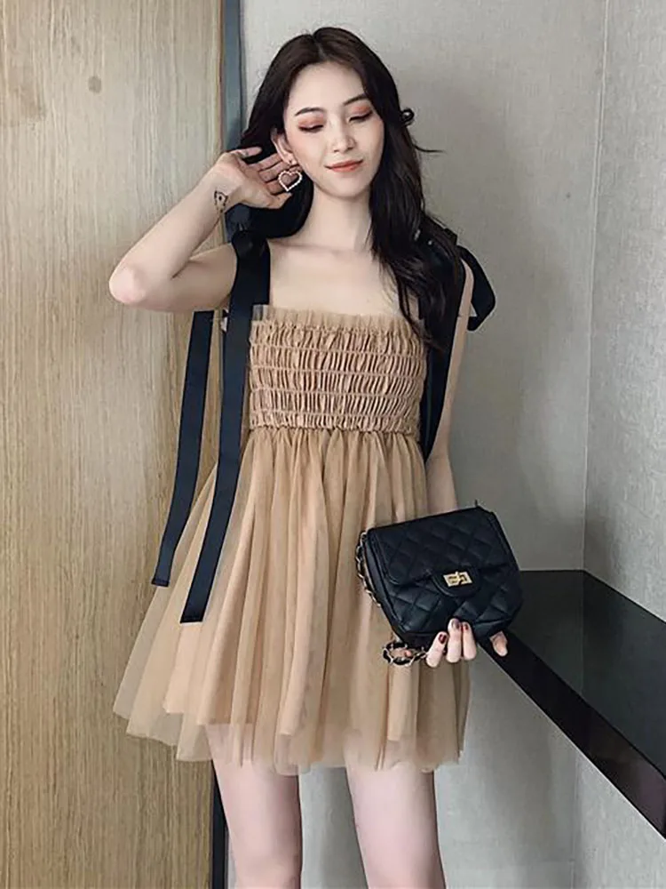 

Sweet Summer Dresses Woman 2022 Causal Party Dresses Solid Mini Dress Causal Suspenders Femme Robes Drawstring Fashion Sundress
