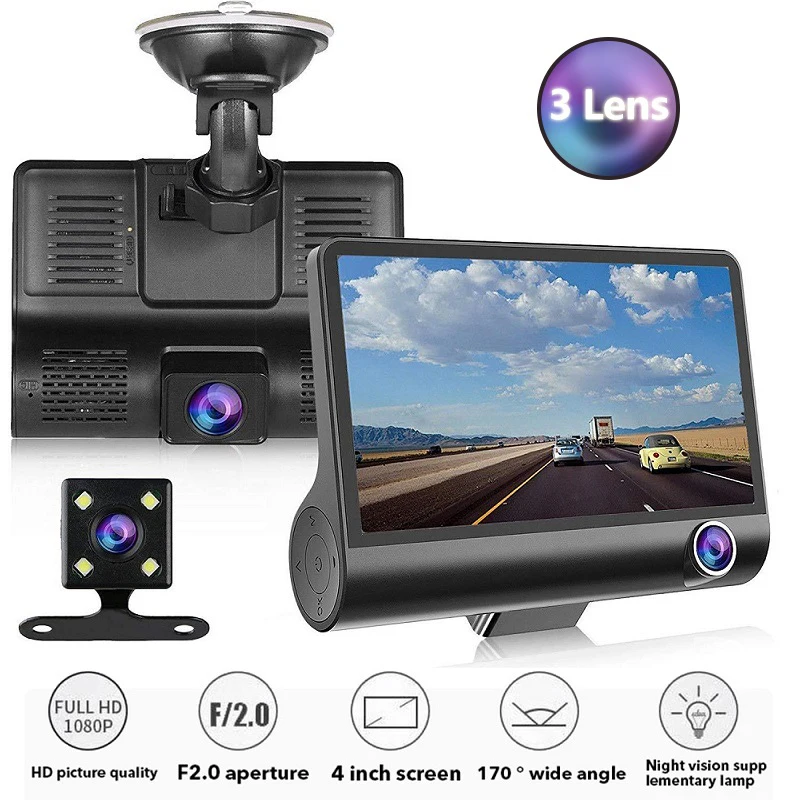 

3 Cameras Lens 4.0In Car DVR 24H Dash Cam HD 1080P Dash Camera Dual Lens Video Recorder 1080P Black Box Cycle Dashcam Mirror New