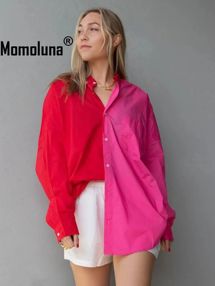 

Momoluna Women Colorblock Button Lace UP Two-Tone Shirt Ladies Casual Contrast Color Henrietta Loose Blouse
