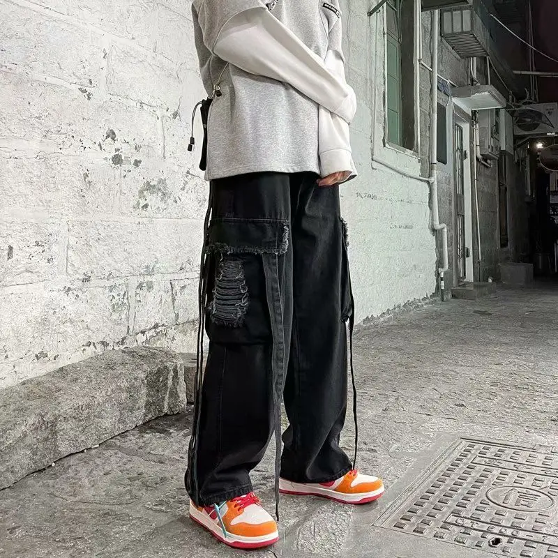 DEEPTOWN Hippie Punk Jeans Men Cargo Trousers Male Fashion Distressed Streetwear Denim Pants with Pockets Hole Loose Hip Hop