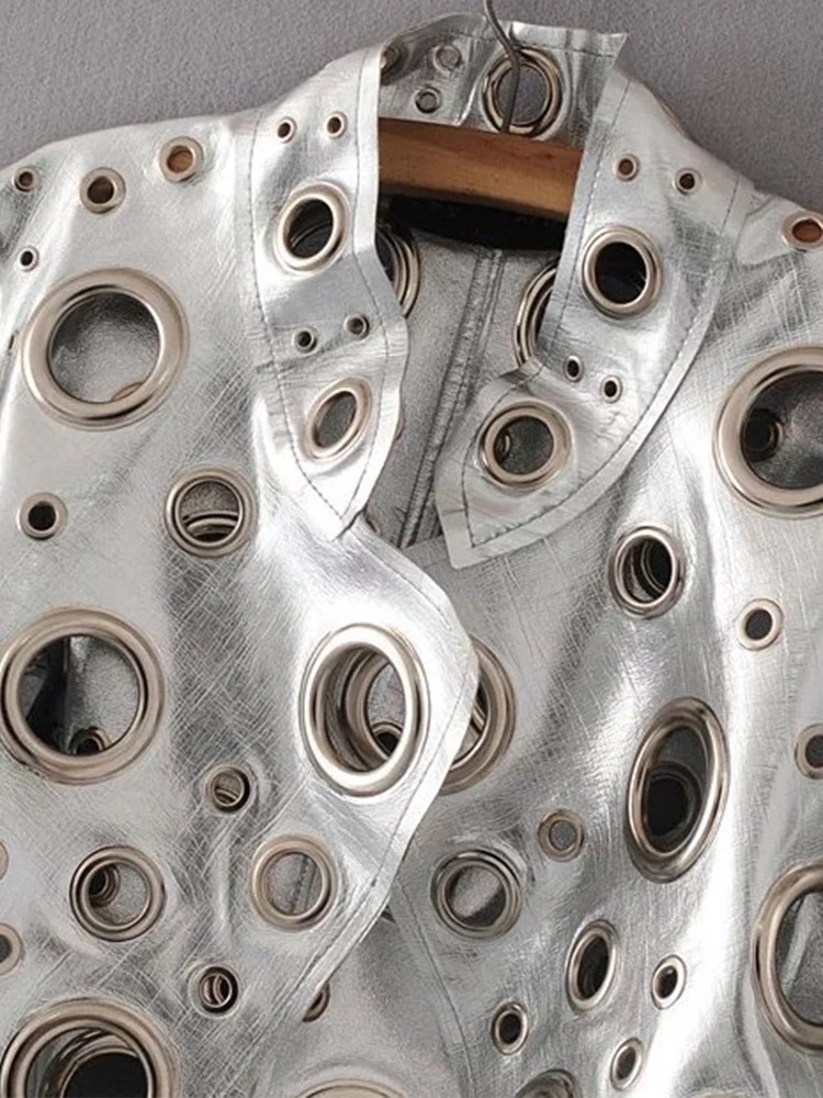 Lautaro Runway Cut Out Short Faux Leather Jacket Golden Rivet Cool Stylish Designer Clothes Women European American Fashion 2022