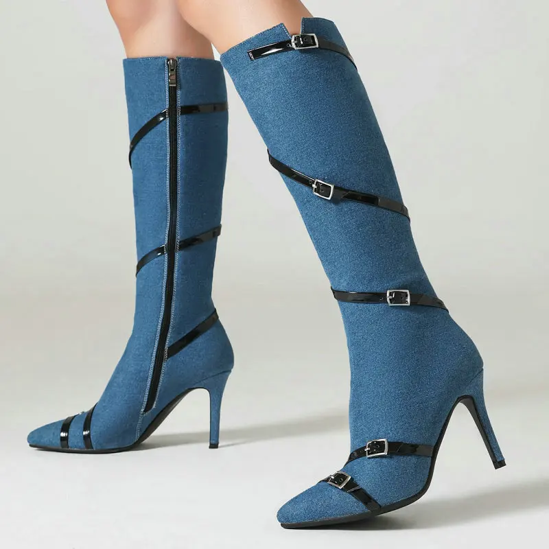 

Sexy Denim Jeans Blue Buckle Belt Mature Lady Winter Botines Pointed Toe Thin High Heels Big Size 44 45 Knee High Stiletto Boots