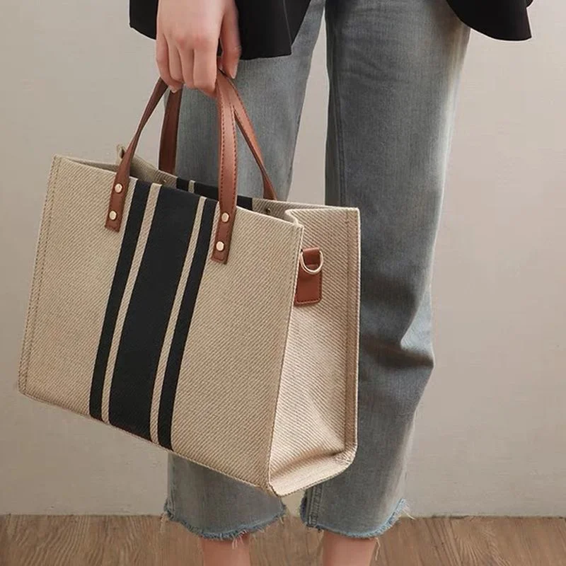 Women's Tote Stripe Bag Handheld Summer High Capacity Canvas Luggage Outer Crossbody Messager Bag Business Casual Handbag