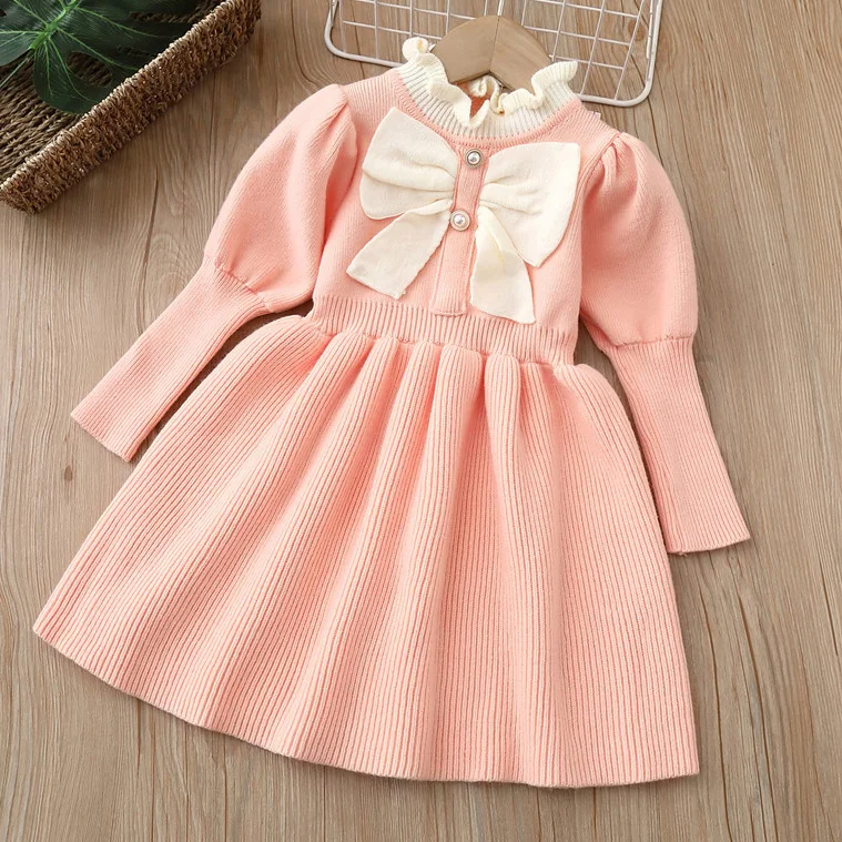 Bear Leader Baby Girls Dresses Autumn Winter Kids Knitted Long Sleeve Dress Bow Fashion Princess Dress Party Clothes Vestidos