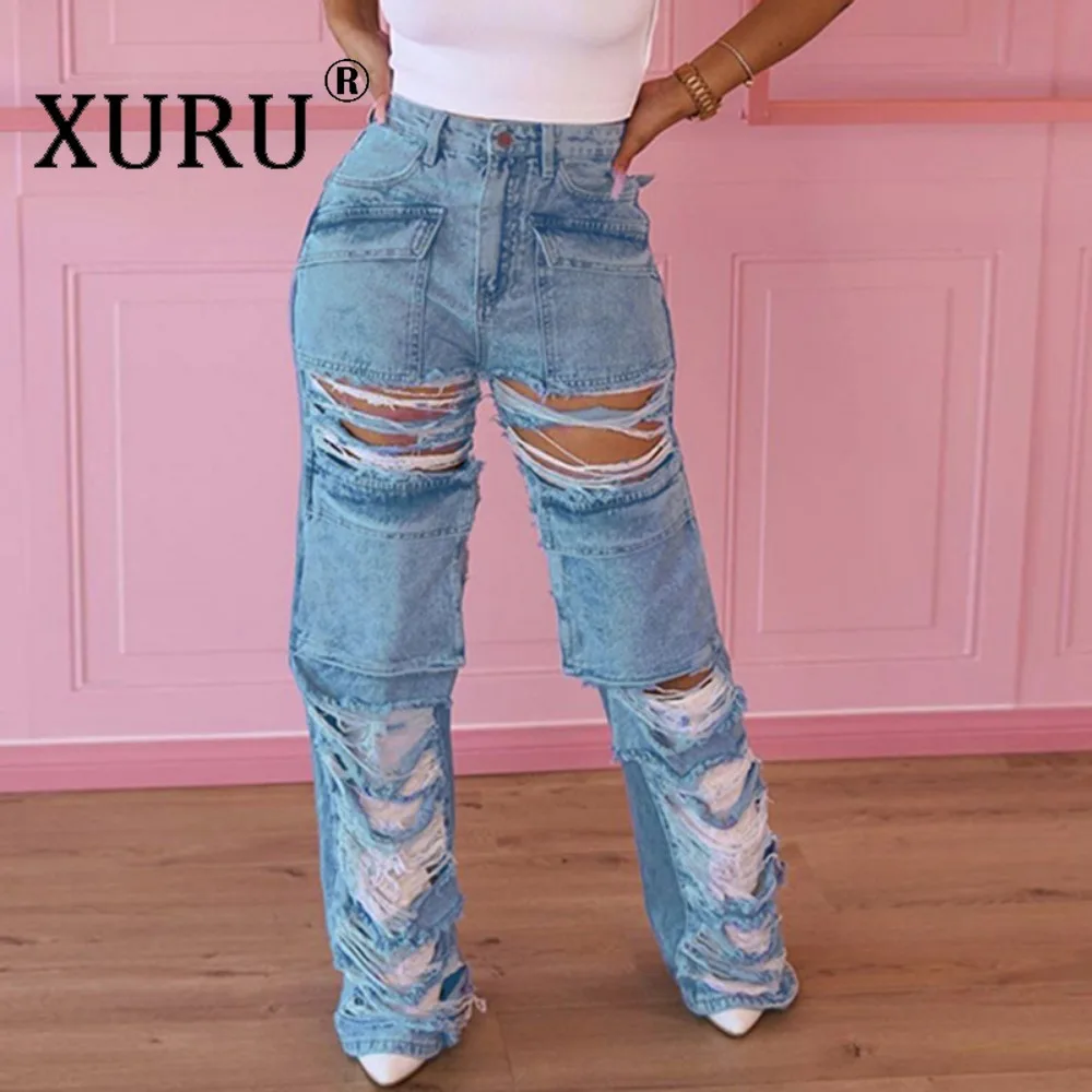 

XURU-Women's pocket stitching with hollowed out holes, beggar style street casual straight tube high waisted jeans