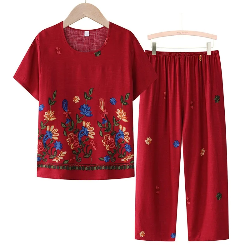 

Grandma Summer Two-Piece Set Short-Sleeved Cropped Pant Pajamas Women Sleepwear Loose Middle-Aged Elderly Mother Home Clothes