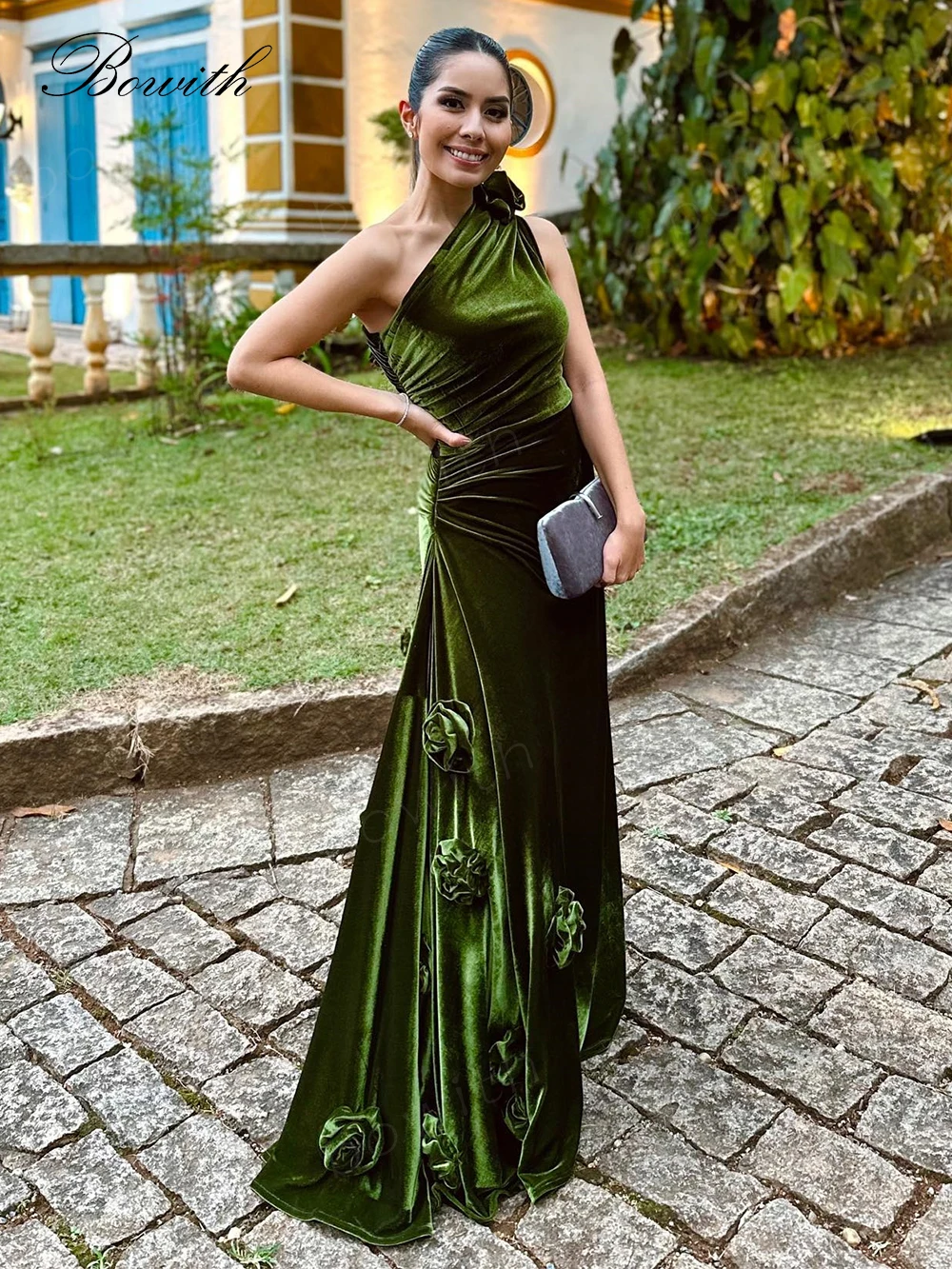 

Bowith One Shoulder Evening Dress Velvet Formal Occasion Dresses 3D Flowers for Wedding Engagement Pleats vestidos de fiesta