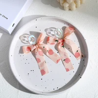 cute pink bow drop earrings for women temperament peach print fabric pendant earrings jewelry new fashion