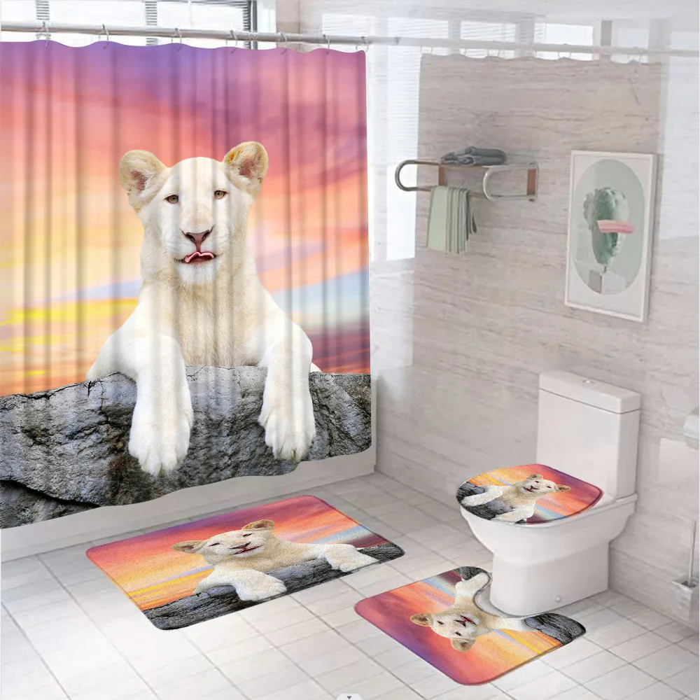 

4Pcs African Lion Sunset Scenery Bathroom Shower Curtain Sets Wild Animal Doormat Bath Mat U-Shaped Rug Carpet Lid Toilet Cover