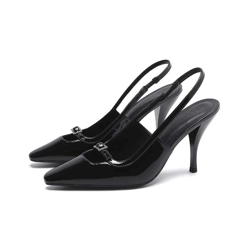 

Hollow Diamond Buckle Ladies Sandals Patent Leather Shoes For Women Square Toe Sandalias Mujer High Heels Chaussure Femme