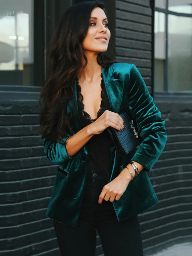 

Женское бархатное пальто с длинным рукавом, повседневный зеленый офисный Топ золотистого цвета, Осень-зима 2021