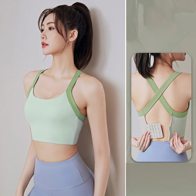 

New One Piece Cross Shoulder Belt Sports Bra Fixed Bra Cushion Without Steel Ring Yoga Top High Impact Fitness Running Bra