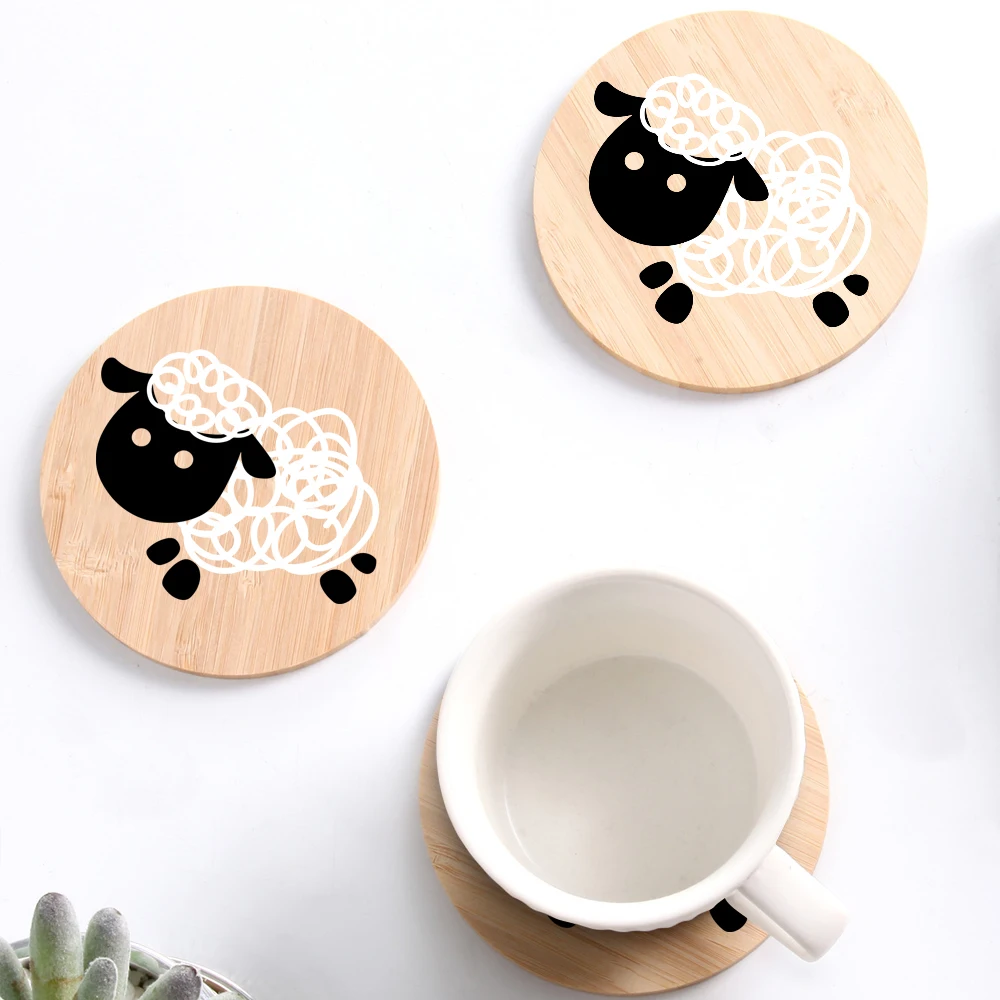 

Sheep Bamboo Drink Coasters Cup Pads Insulated Round Cup Mats Home Office Table Decor Art Flower Crafts Gift Drinkware