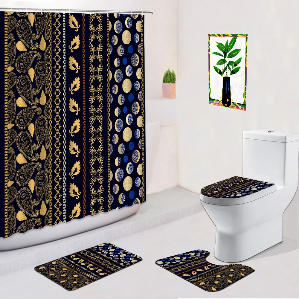 Boho 4pcs set Shower Curtains Bath Mat Mandala Pattern Creative Geometric Rose Flower Leopard Zebra Fabric Anti Slip Rugs Carpet - купить по