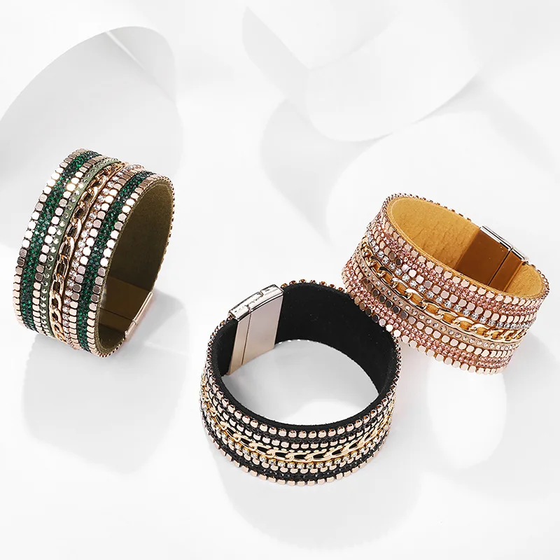 

Fashion Women's Bracelet Multi-layer Bangle Splice Leather Rope Rhinestone Female Wrap Magnetic Clasp Bracelets