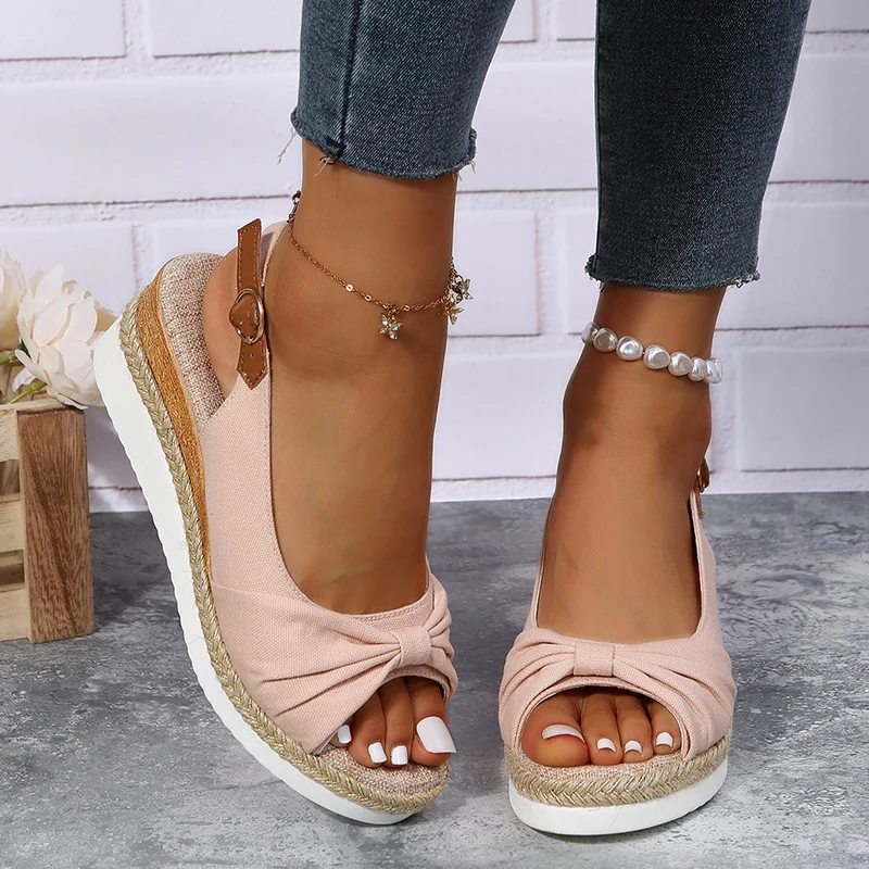 

Lucyever New Peep Toe Womens Wedge Sandals Flock Bowtie Platform Rome Sandals Woman Plus Size Thick Bottom Summer Shoes Women 43