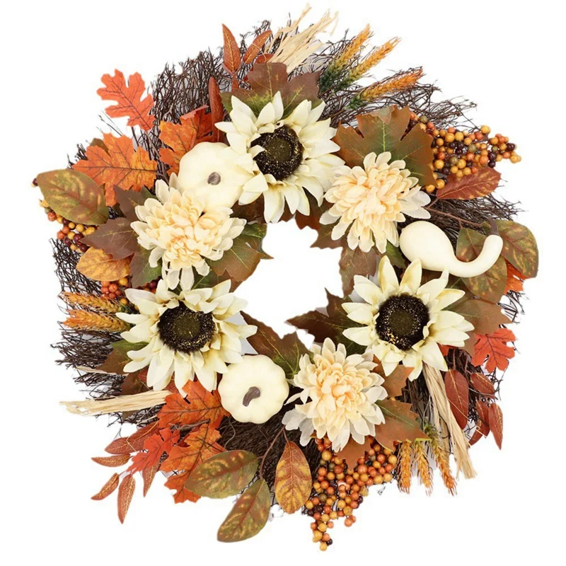 

20 Inch Fall Wreath Autumn Front Door Decoration Featuring Pumpkins For Thanksgiving Outdoor Display