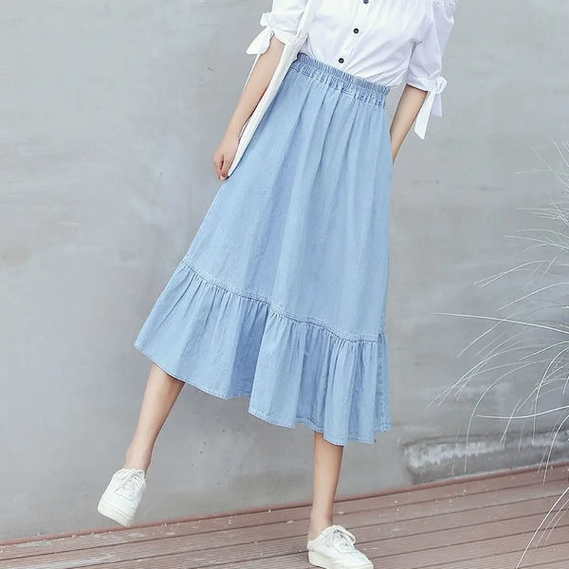 

Spring Summer Korean Fashion Casual Denim Midi Long Skirt Women Button A Line High Waist Jean Skirts Female Jupe Femme X437