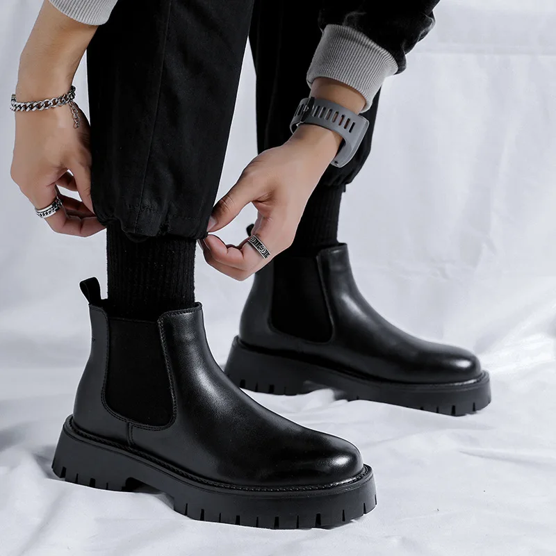 

Мужские ботинки из натуральной кожи в Корейском стиле, черные, белые ботинки, обувь для банкета, ковбойские ботинки на платформе, красивые ботинки челси до щиколотки