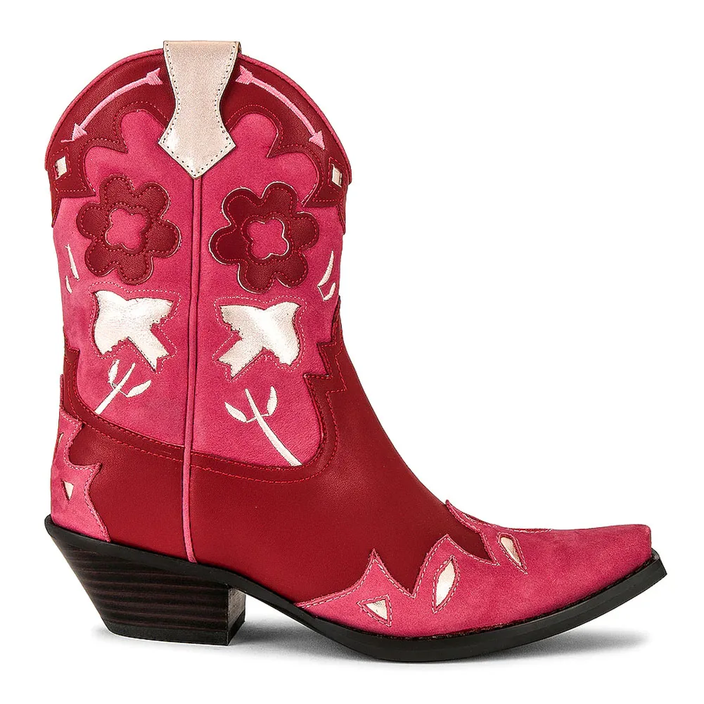 

Cowboy Floral Western Ankle women's Boots Stacked Heel Vintage Designer Short Shoes Pointed Toe Ridding Boots Plus Size 46