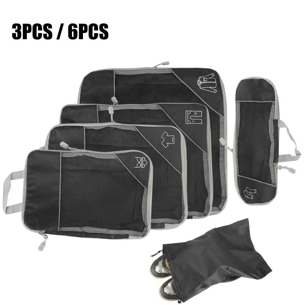 

3/6 Pieces Packing Cubes Mesh Visual Luggage Portable Travel Storage Organizer Set Compressible Suitcase Bags With Shoe Bag