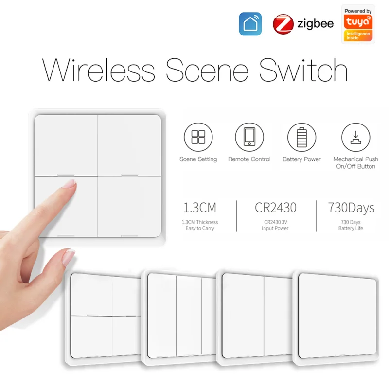 

Беспроводной кнопочный переключатель Tuya ZigBee, 4 клавиши, 12 сцен, работает с приложением Smart Life