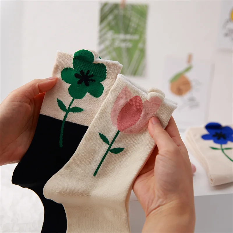 Autumn 2022 New Harajuku Socks Women Fashion Designer Middle Tube Socks Funny Flower White Tulip Ladies Cotton Socks Pack 5 Pair