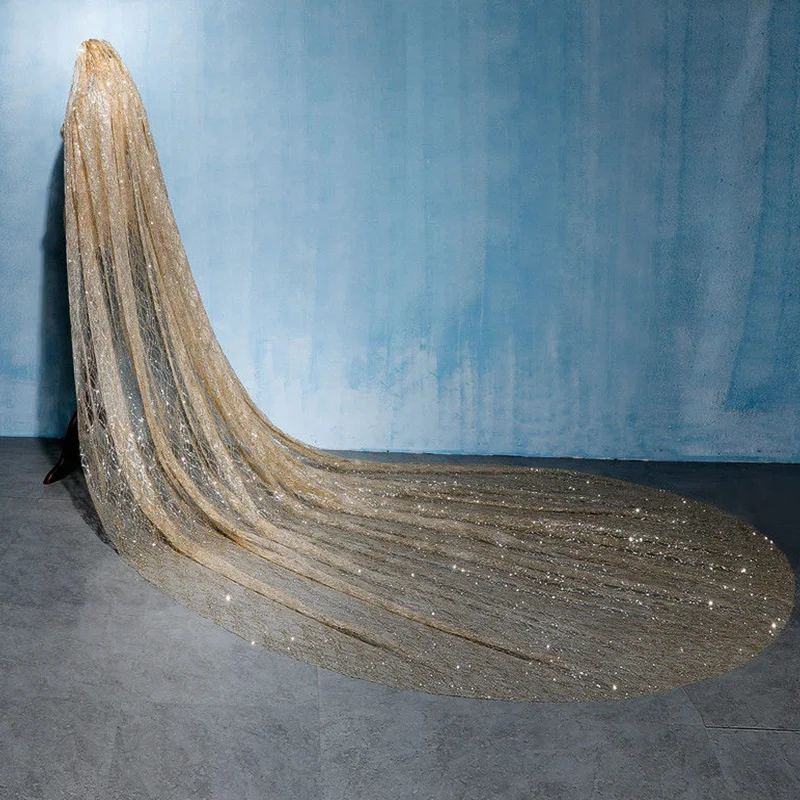 

Золотая трехмерная Длинная фата для невесты, роскошная Фата, блестящие сверкающие блестки, аксессуары с блестками