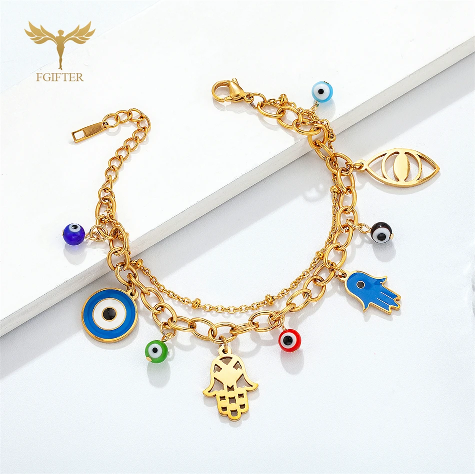 Lucky Turkish Evil Eye Bracelets for Women Hamsa Hand Charms Eye Glass Balls 2 Lays Stainless Steel Chain Lobster Clasp Jewelry