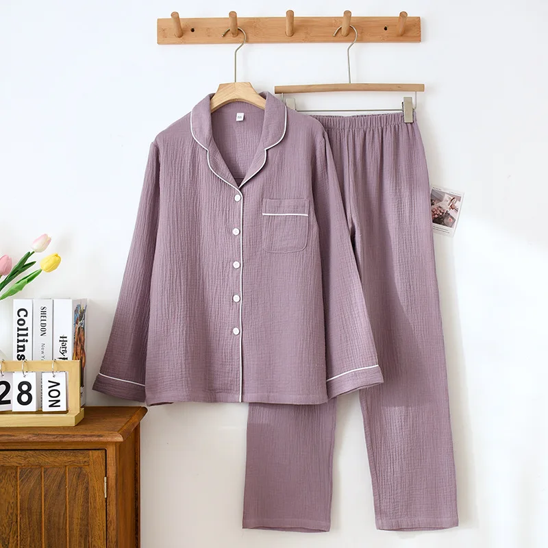 Home Suit for Women Pajamas New Gauze Sleepwear Women's Pajamas Free Shipping Lapel Cotton Long Sleeve Summer Thin Style Crepe