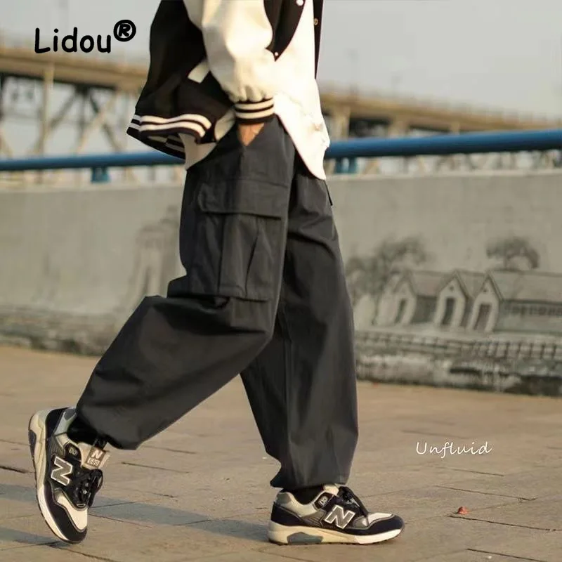 

Модные однотонные свободные мужские брюки-карго с несколькими карманами, классические прямые цилиндрические уличные повседневные бриджи в Корейском стиле