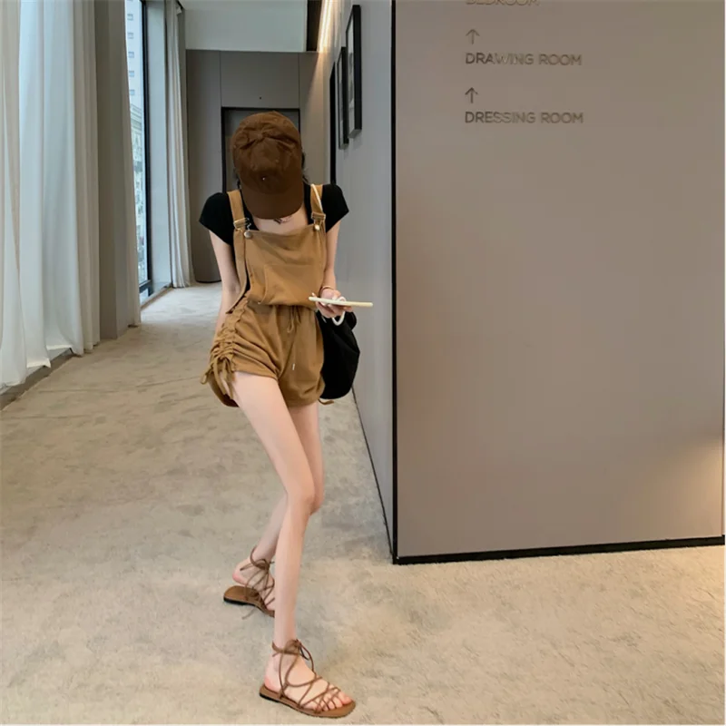 2022 Short Overalls Women Summer High Waist Overalls Casual Loose Wide Leg Shorts Black Drawstring Short Trousers Female