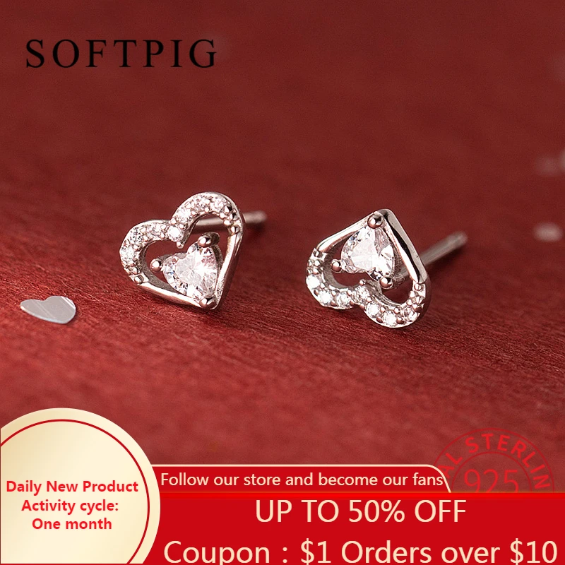 

SOFTPIG Real 925 Sterling Silver Zircon Heart Stud Earrings for Women Classic Fine Jewelry Minimalist Accessories