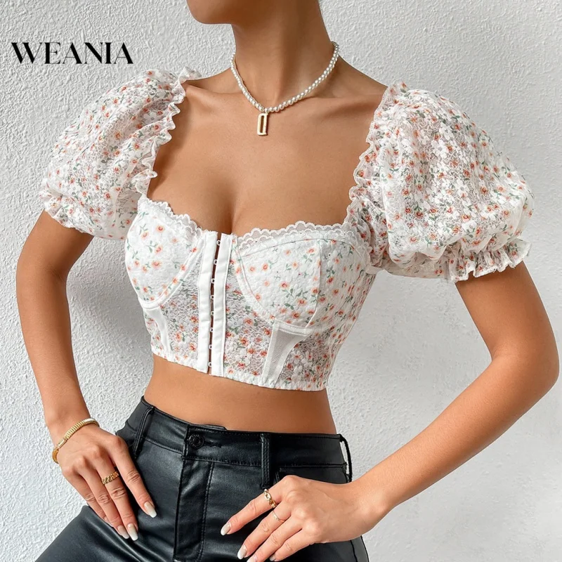 

Women Vintage French Style Square Neck Floral Print Buckle Cropped Blouse