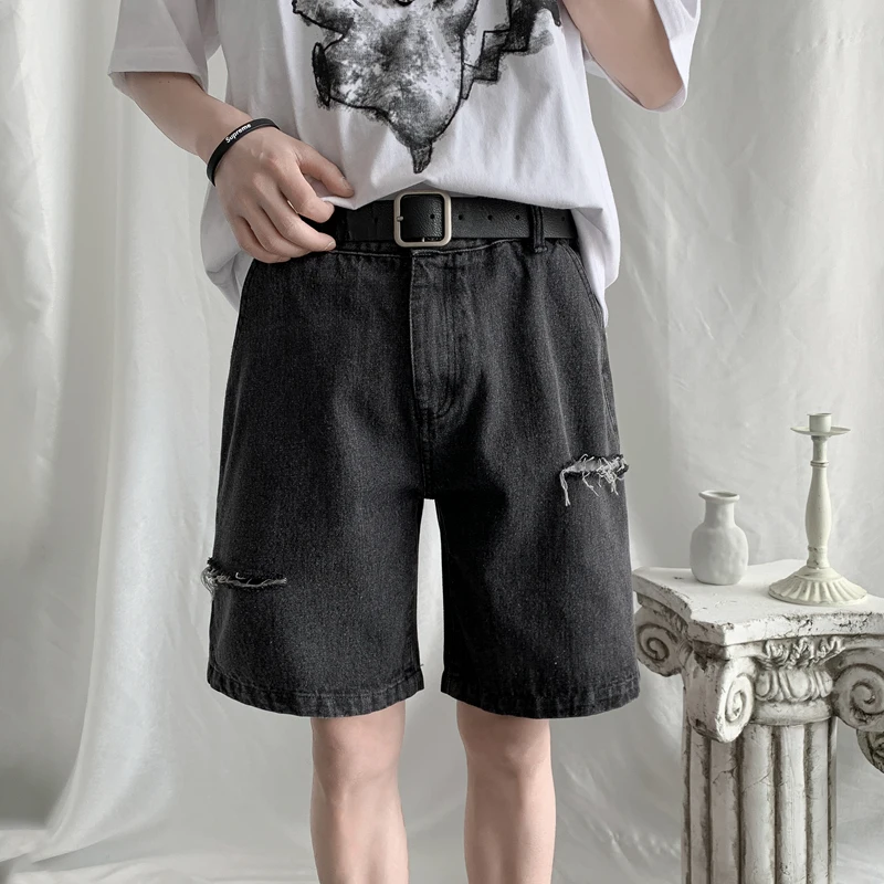 

Men Summer New Denim Shorts Knee-length Harajuku Style Straight Fashion Ripped Hole Burrs Short Jeans Male Streetwear