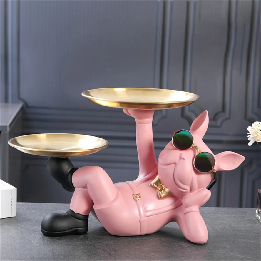 

Nordic Modern French Bulldog Resin Statue Home Decorations Dog Butler with Tray Sculpture & Figurines Live Room Table Ornaments