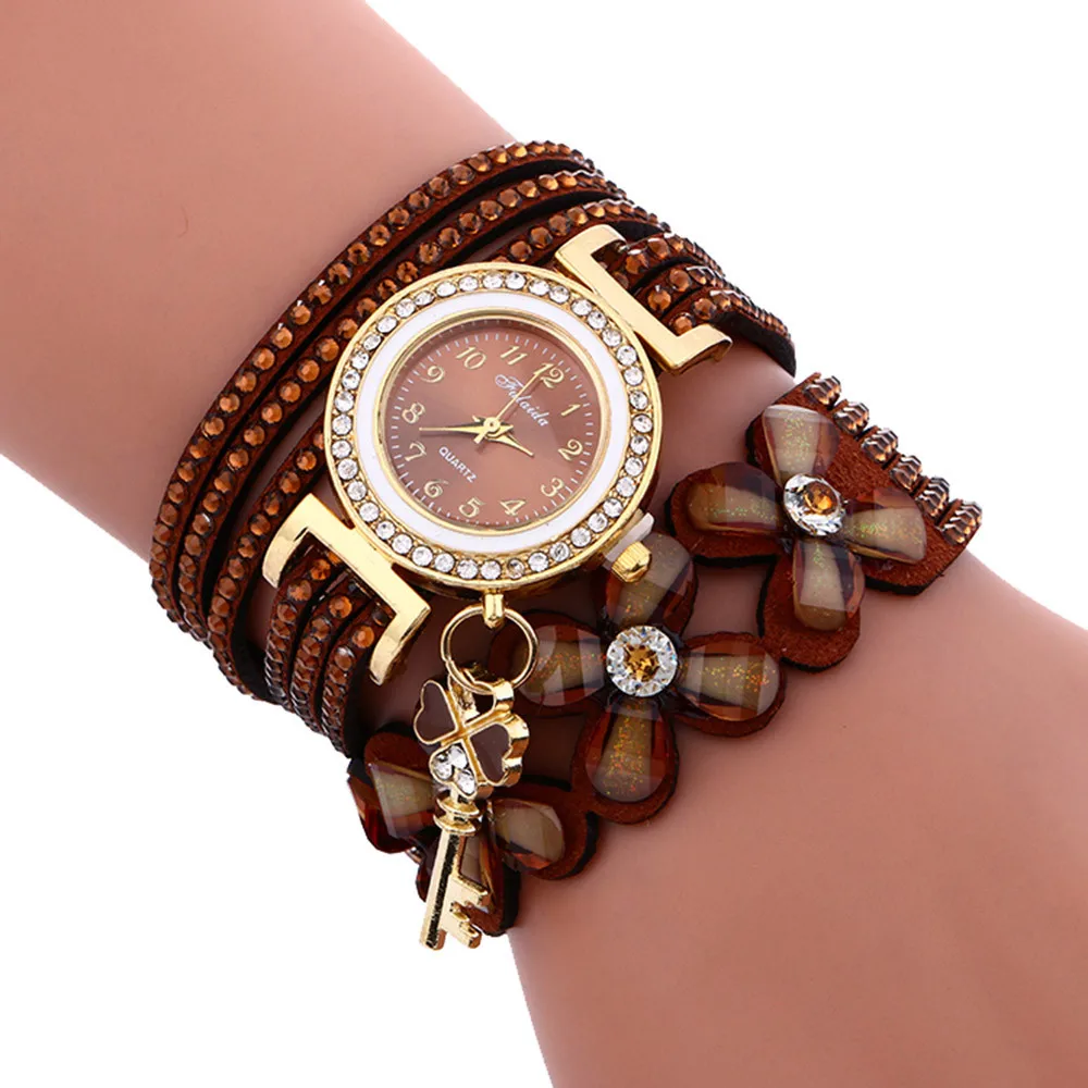 Brand Fashion Women Flower Crystal Clock Quartz Watch Casual Luxury Leather Rhinestone Bracelet Watch Relogio Feminino 5