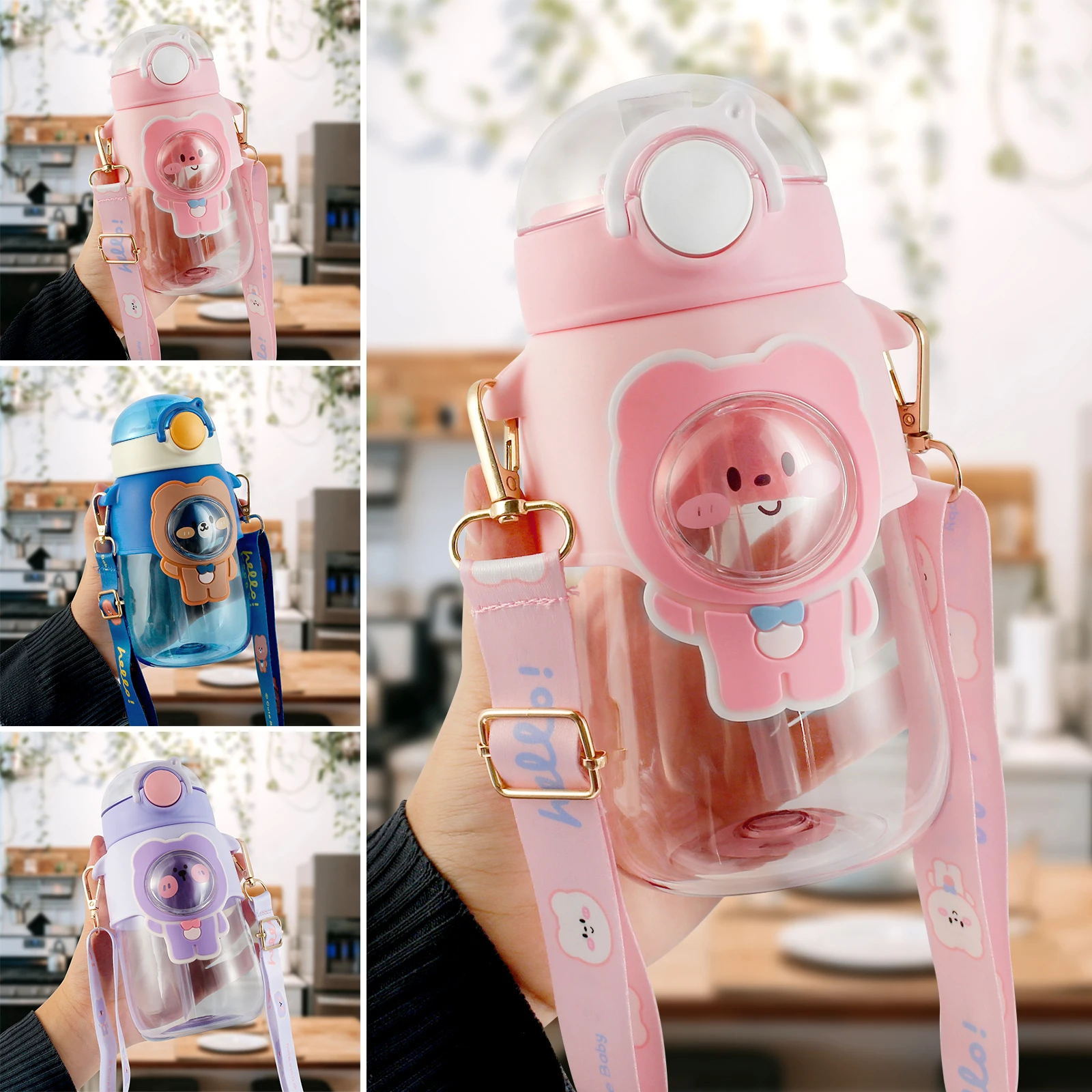 New Bear Water Bottle with Straw 720ml Reusable Cute Drinking Bottle with Adjustable Shoulder Strap Leak-proof Flip Lid Cartoon